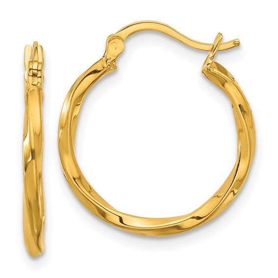 19mm Semi-Solid Yellow Gold Twisted Hoop Earrings - 24K Yellow Gold