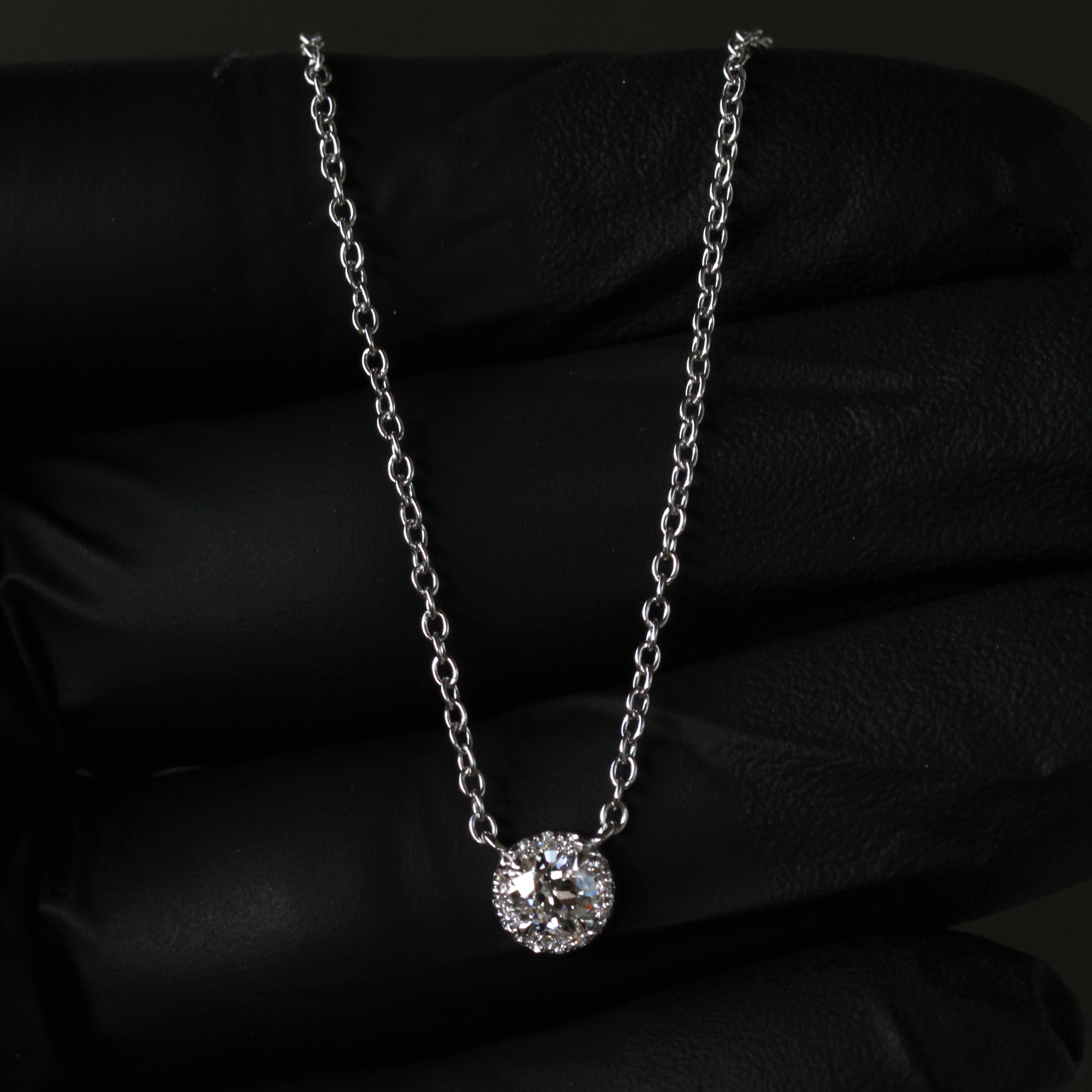 Old European Natural Diamond Halo Necklace - 14K White Gold (3/8ctw)