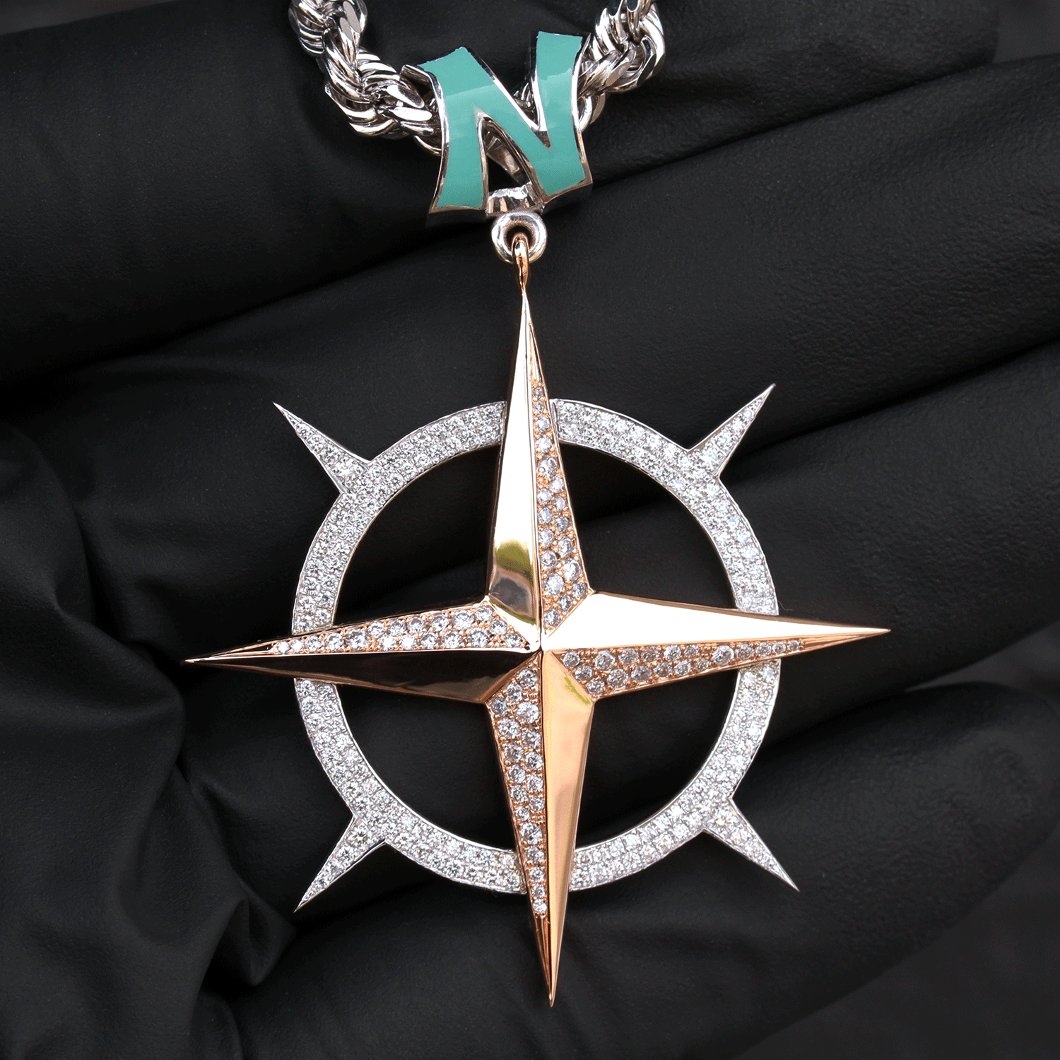 Custom Design Deposit - Two-Tone "North" Compass Natural Diamond Enameled Pendant