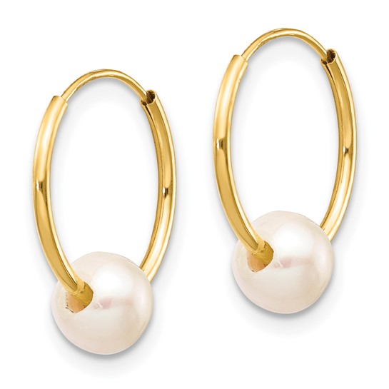 5-6mm White Semi-round Freshwater Cultured Pearl Endless Hoop Earrings - 14K Yellow Gold