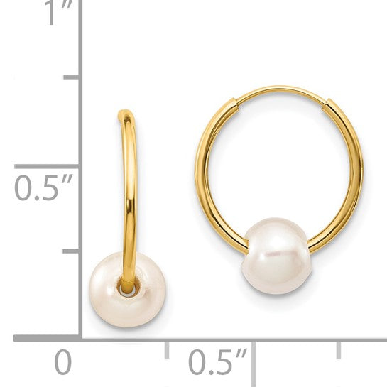 5-6mm White Semi-round Freshwater Cultured Pearl Endless Hoop Earrings - 14K Yellow Gold