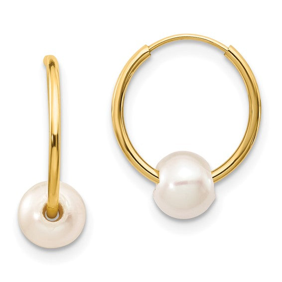 5-6mm White Semi-round Freshwater Cultured Pearl Endless Hoop Earrings - 14K Yellow Gold